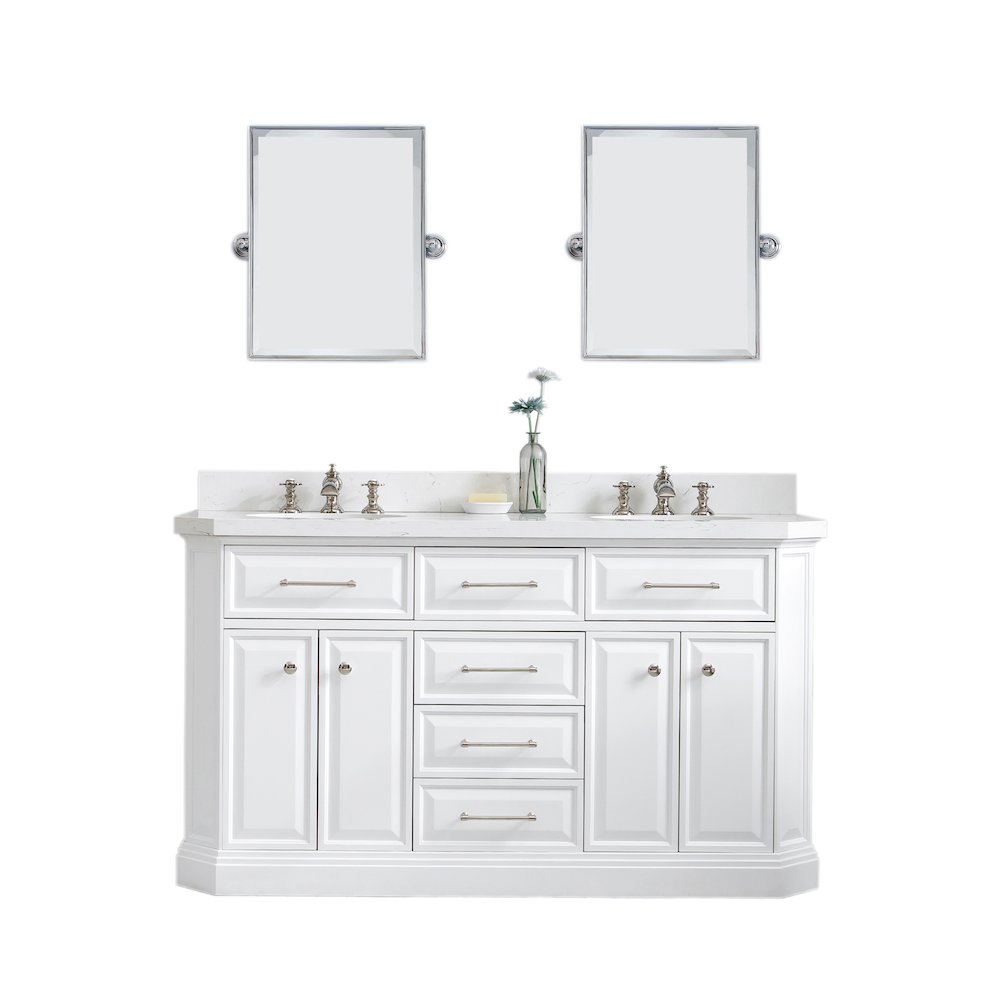 Palace 60 In. Double Sink Carrara Quartz Countertop Bath Vanity in Pure White. Picture 1