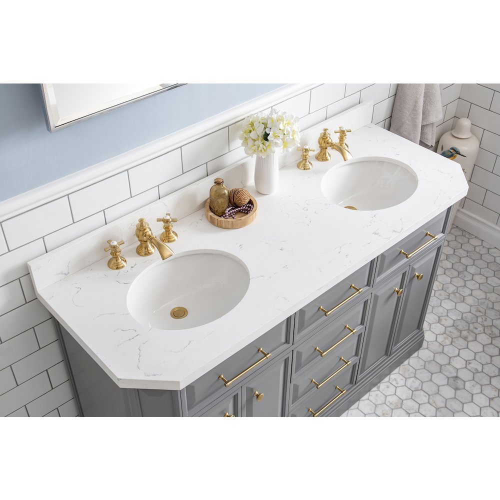Palace 60 In. Double Sink Carrara Quartz Countertop Bath Vanity in Cashmere Grey. Picture 5