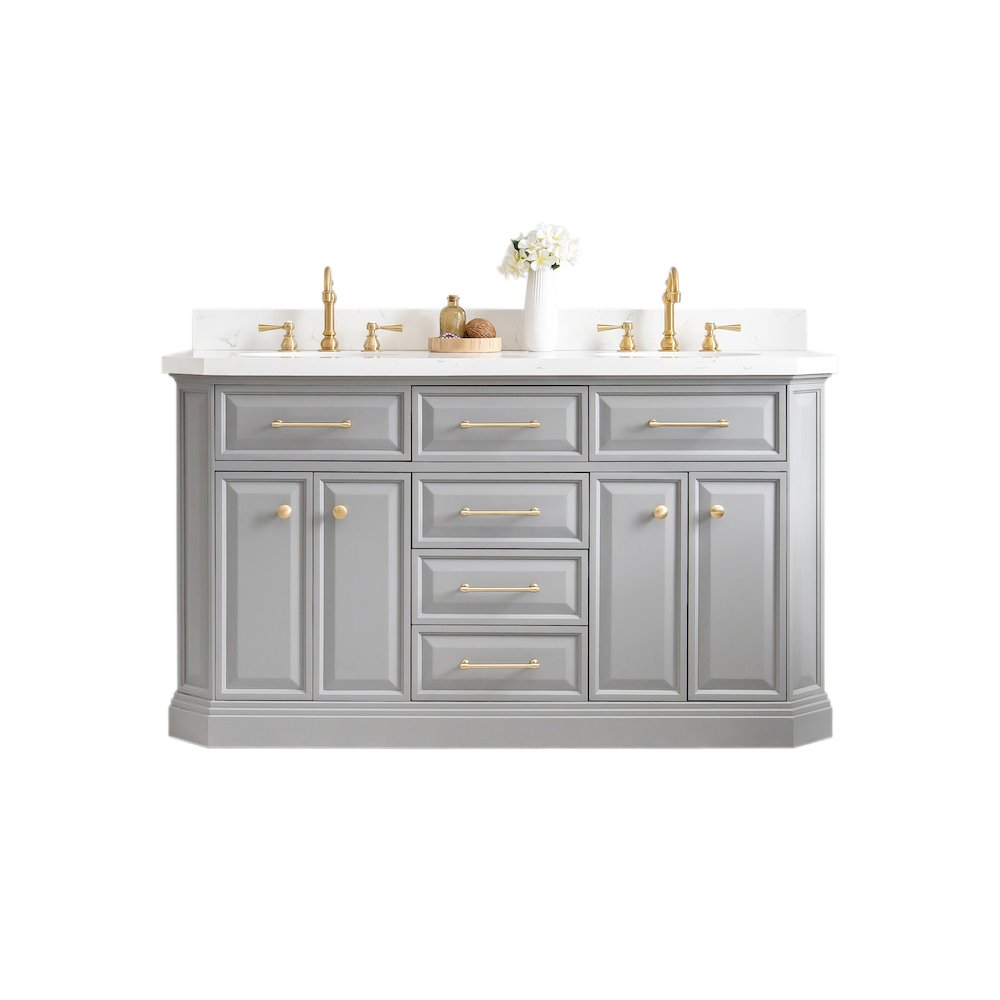 Palace 60 In. Double Sink Carrara Quartz Countertop Bath Vanity in Cashmere Grey. Picture 1