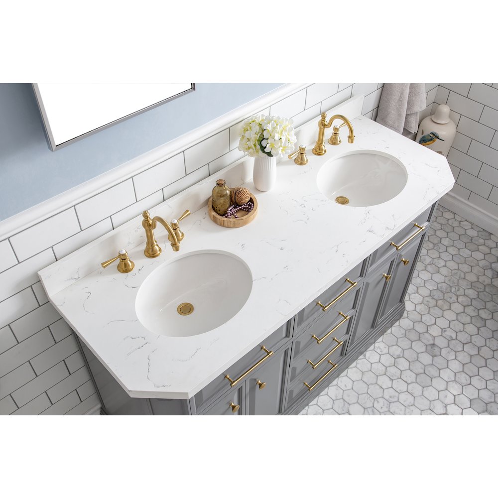 Palace 60 In. Double Sink Carrara Quartz Countertop Bath Vanity in Cashmere Grey. Picture 5