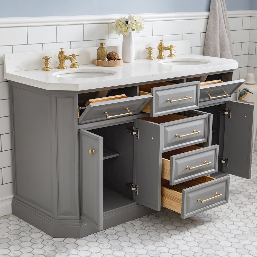 Palace 60 In. Double Sink Carrara Quartz Countertop Bath Vanity in Cashmere Grey. Picture 4