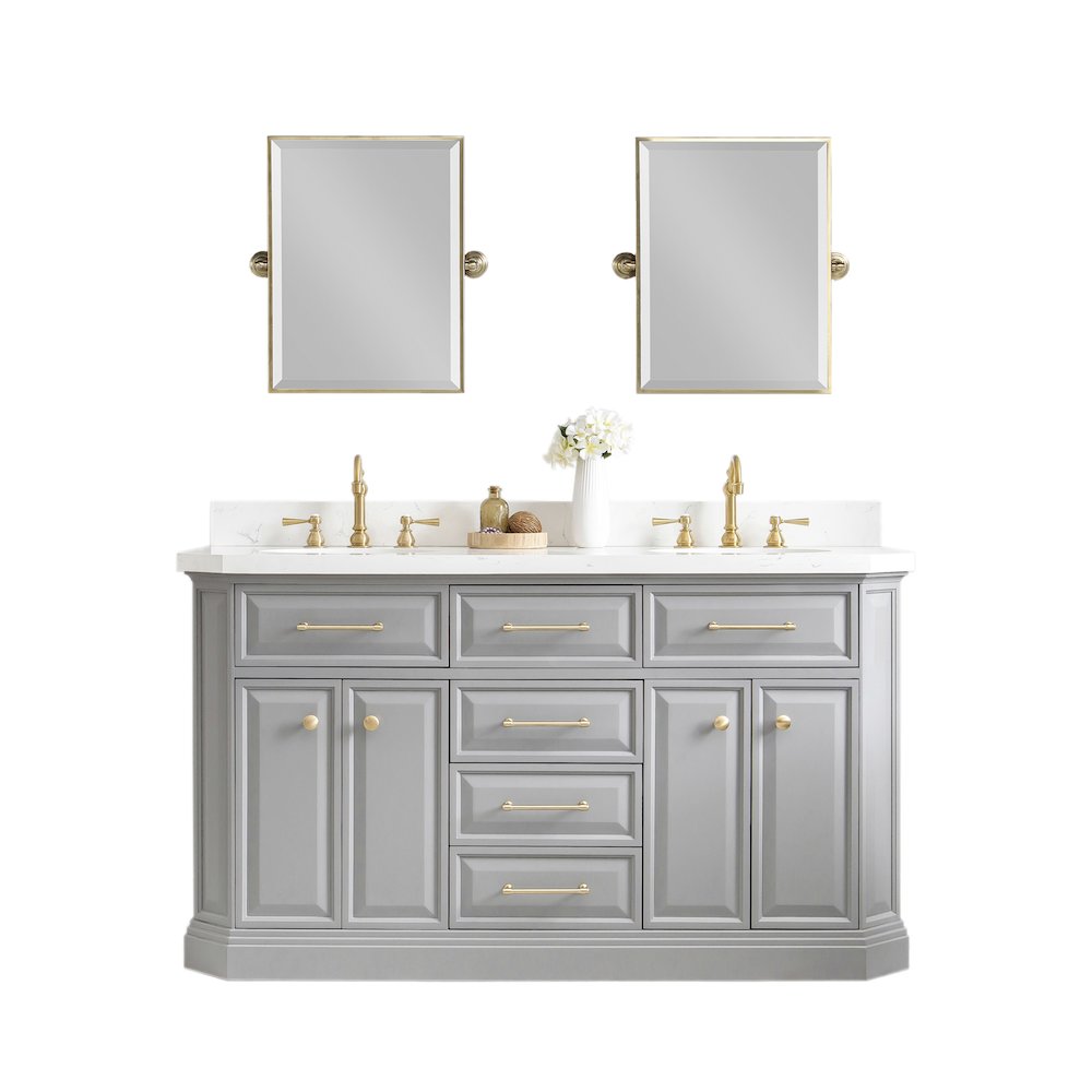 Palace 60 In. Double Sink Carrara Quartz Countertop Bath Vanity in Cashmere Grey. Picture 1