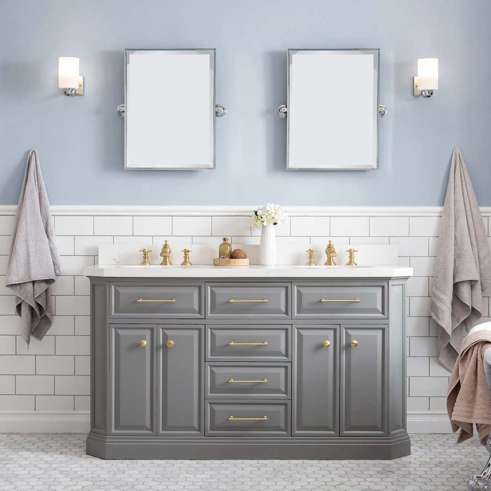 Palace 60 In. Double Sink Carrara Quartz Countertop Bath Vanity in Cashmere Grey. Picture 2