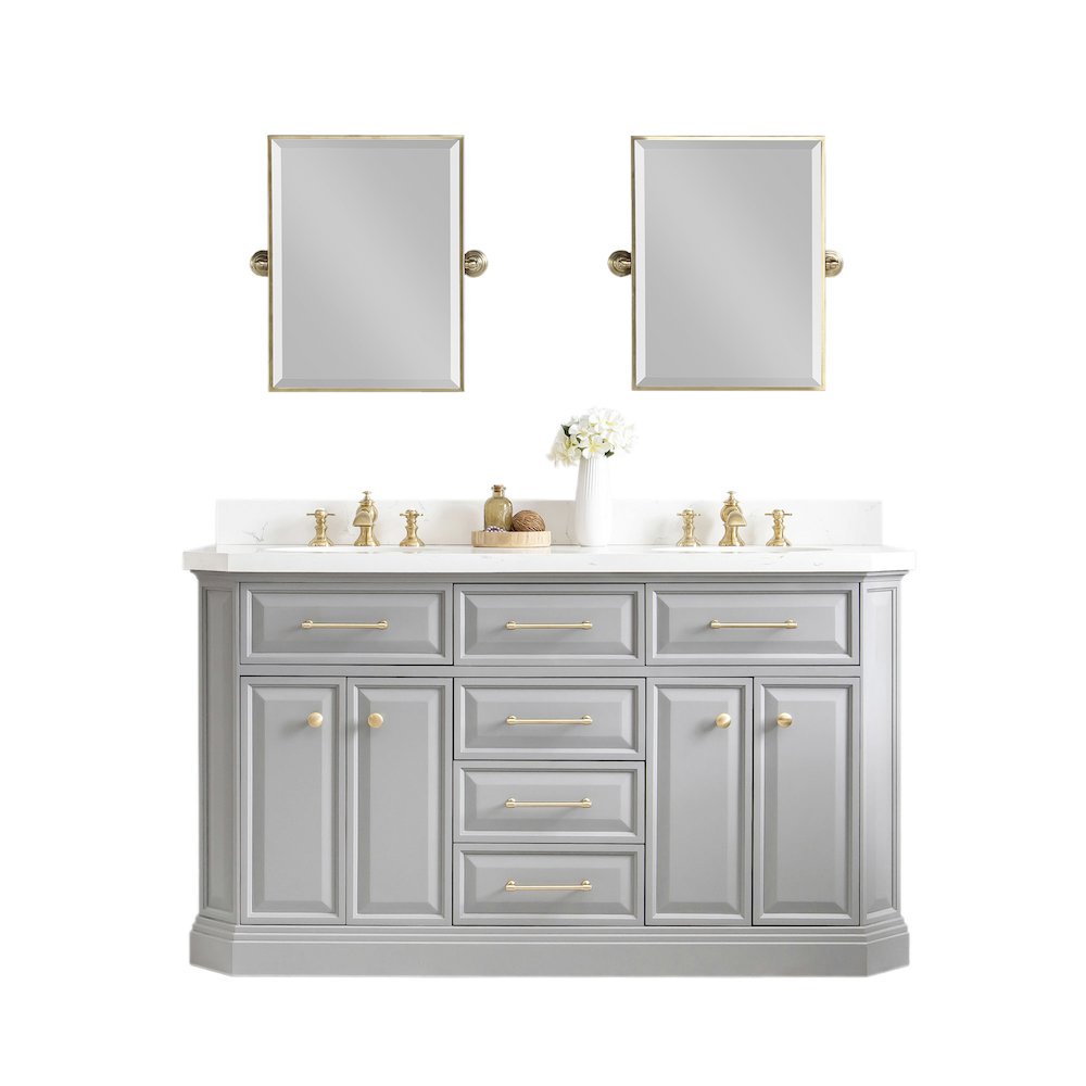 Palace 60 In. Double Sink Carrara Quartz Countertop Bath Vanity in Cashmere Grey. Picture 1