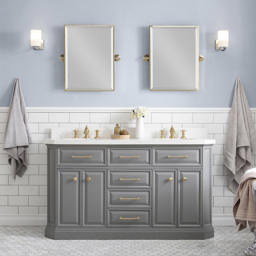 Palace 60 In. Double Sink Carrara Quartz Countertop Bath Vanity in Cashmere Grey. Picture 2