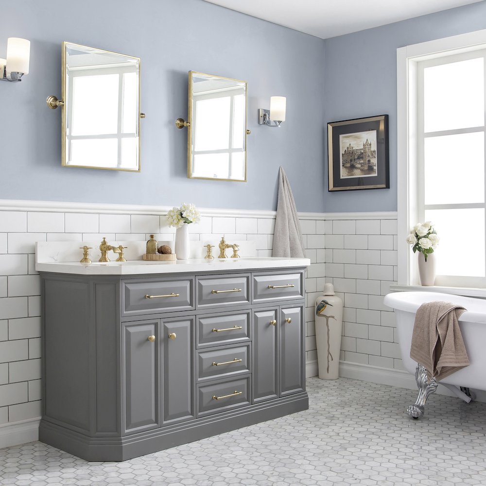 Palace 60 In. Double Sink Carrara Quartz Countertop Bath Vanity in Cashmere Grey. Picture 3