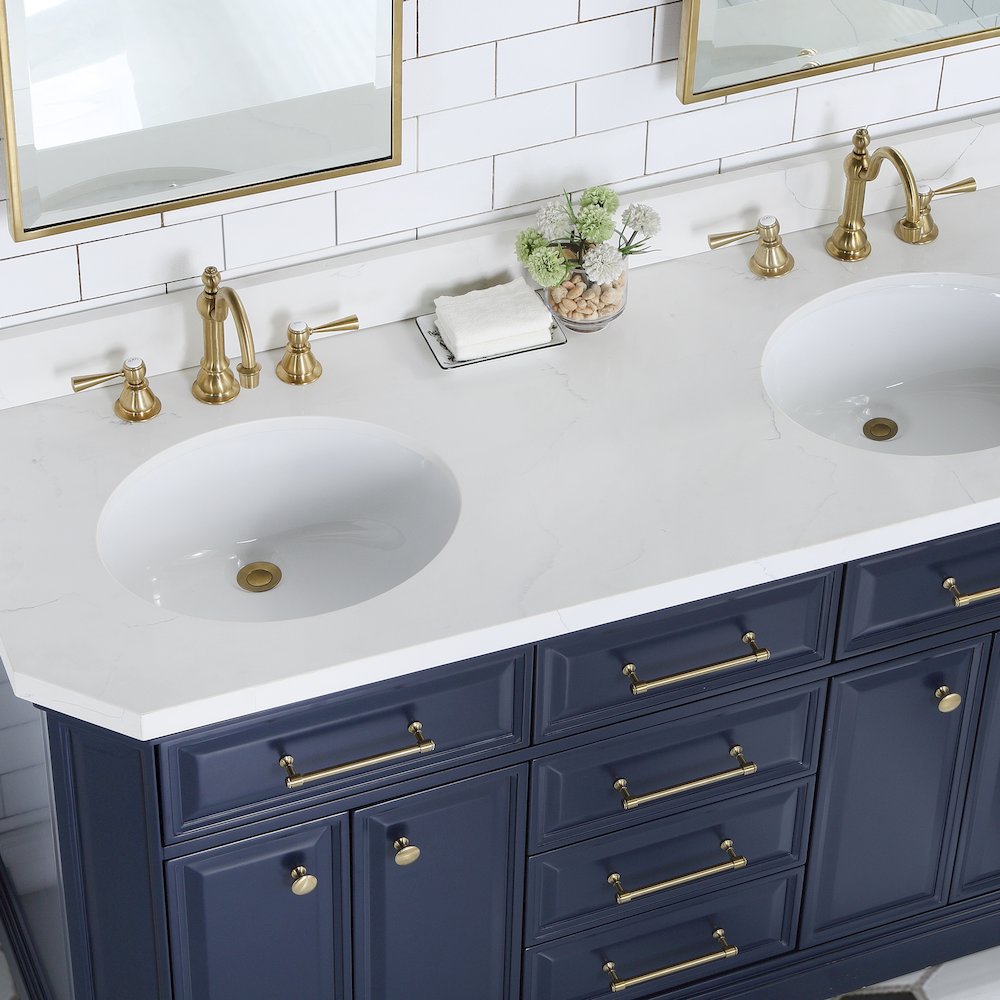 Palace 60 In. Double Sink Carrara Quartz Countertop Bath Vanity in Monarch Blue. Picture 6