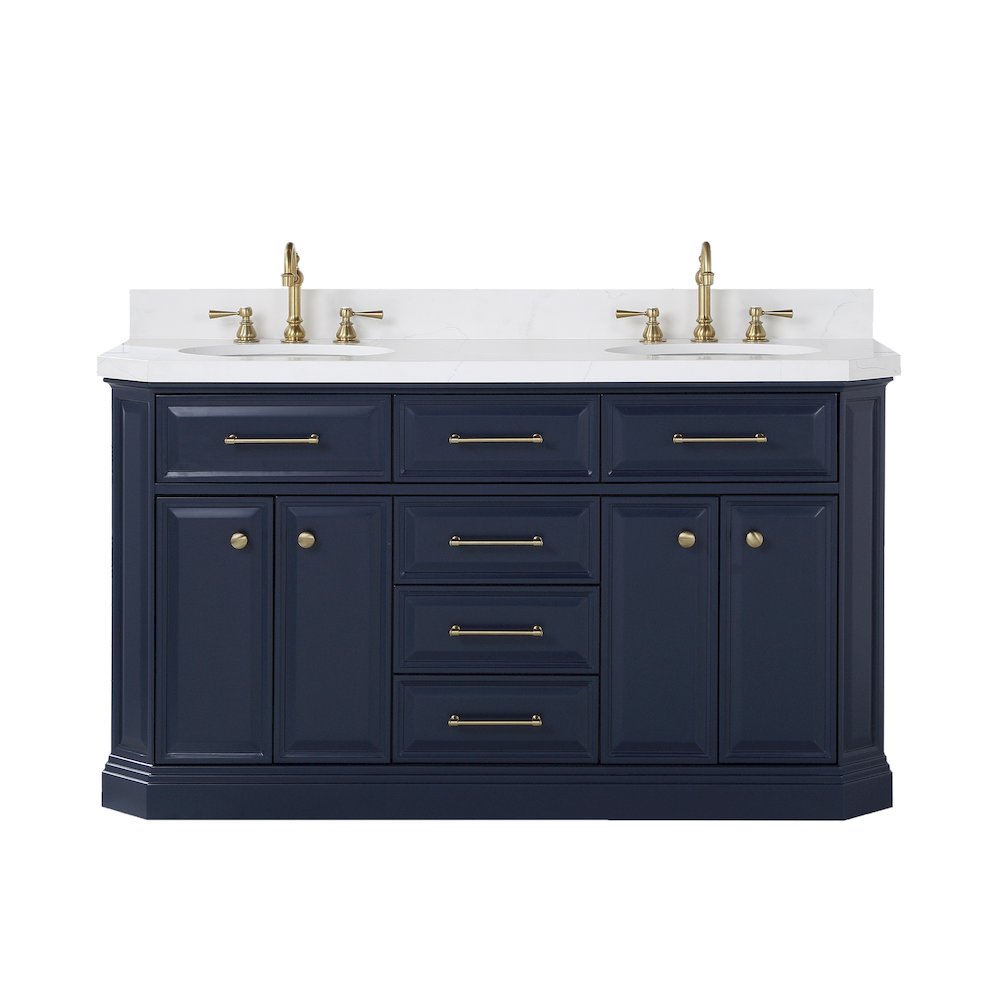 Palace 60 In. Double Sink Carrara Quartz Countertop Bath Vanity in Monarch Blue. Picture 1