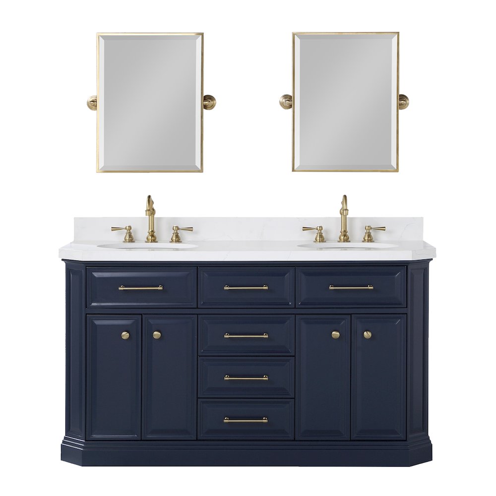 Palace 60 In. Double Sink Carrara Quartz Countertop Bath Vanity in Monarch Blue. Picture 1