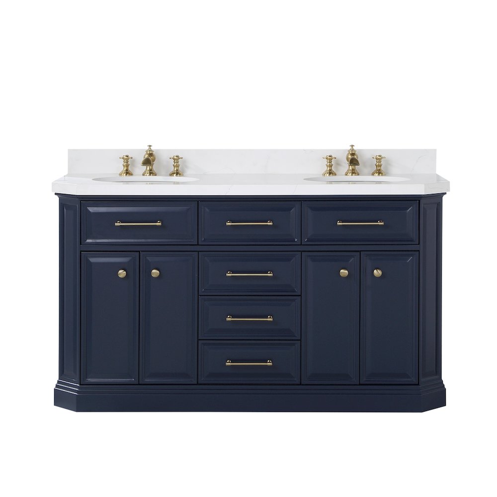 Palace 60 In. Double Sink Carrara Quartz Countertop Bath Vanity in Monarch Blue. Picture 1