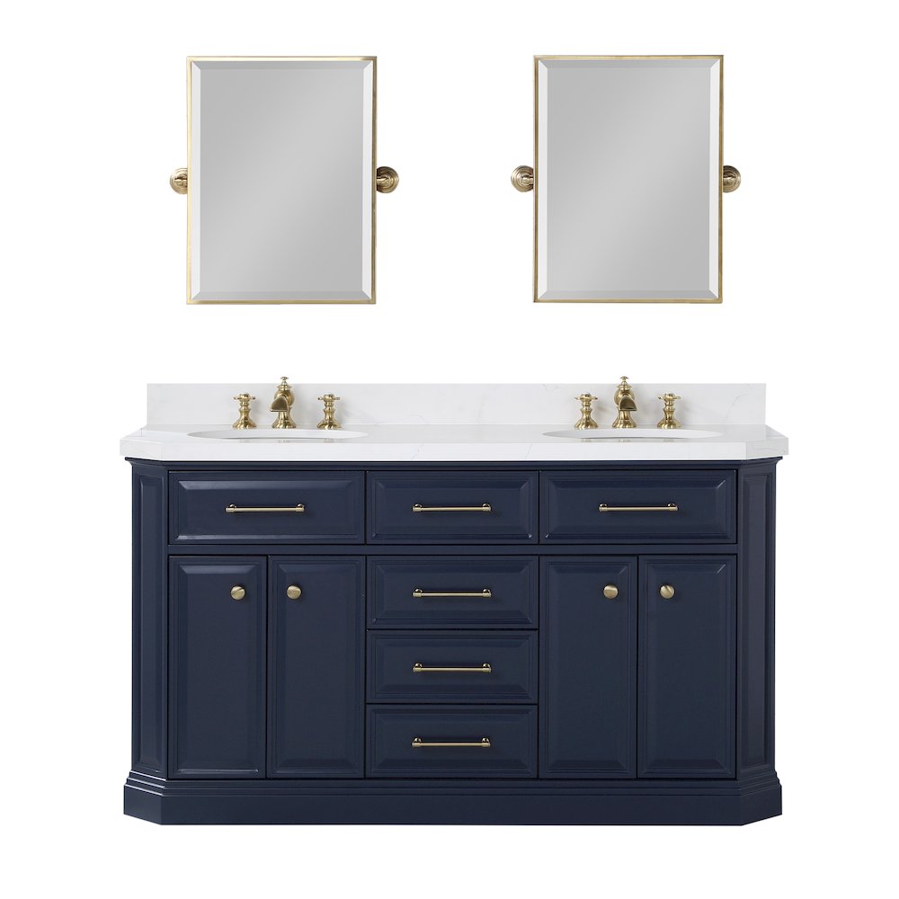Palace 60 In. Double Sink Carrara Quartz Countertop Bath Vanity in Monarch Blue. Picture 1