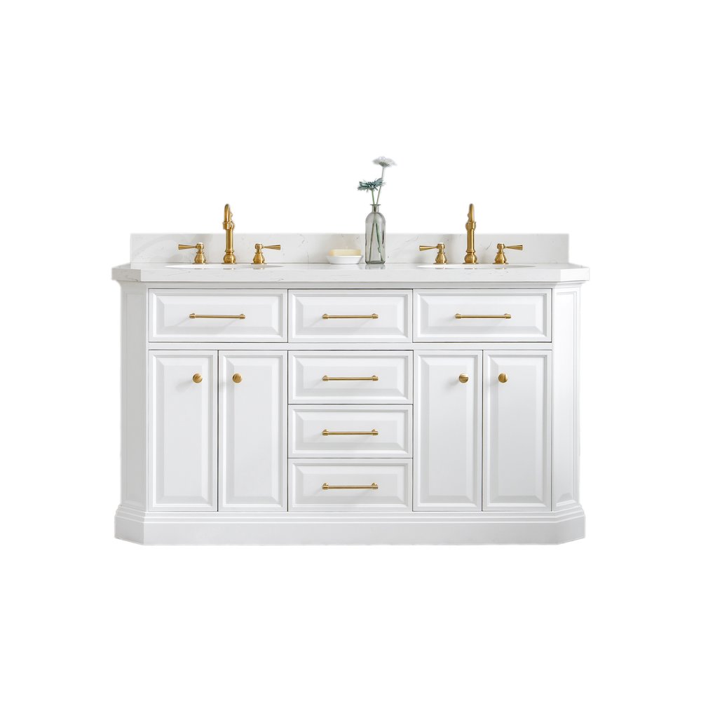 Palace 60 In. Double Sink Carrara Quartz Countertop Bath Vanity in Pure White. Picture 1