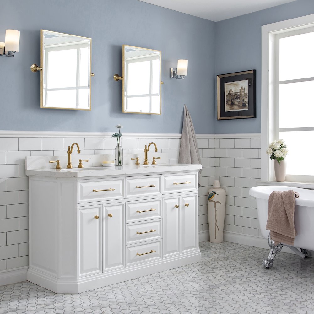 Palace 60 In. Double Sink Carrara Quartz Countertop Bath Vanity in Pure White. Picture 3