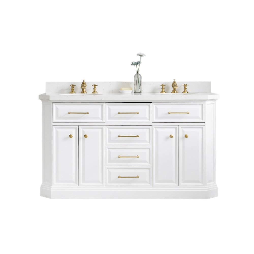 Palace 60 In. Double Sink Carrara Quartz Countertop Bath Vanity in Pure White. Picture 1