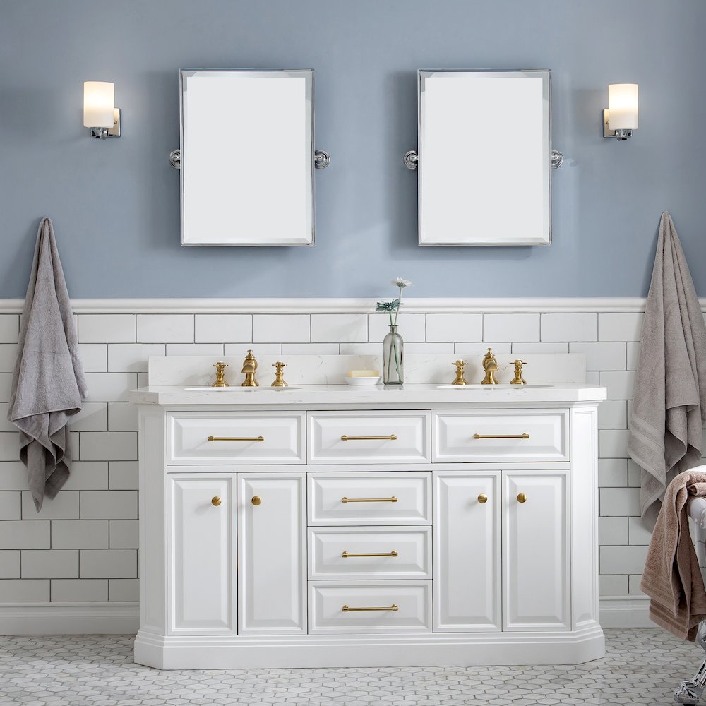Palace 60 In. Double Sink Carrara Quartz Countertop Bath Vanity in Pure White. Picture 2