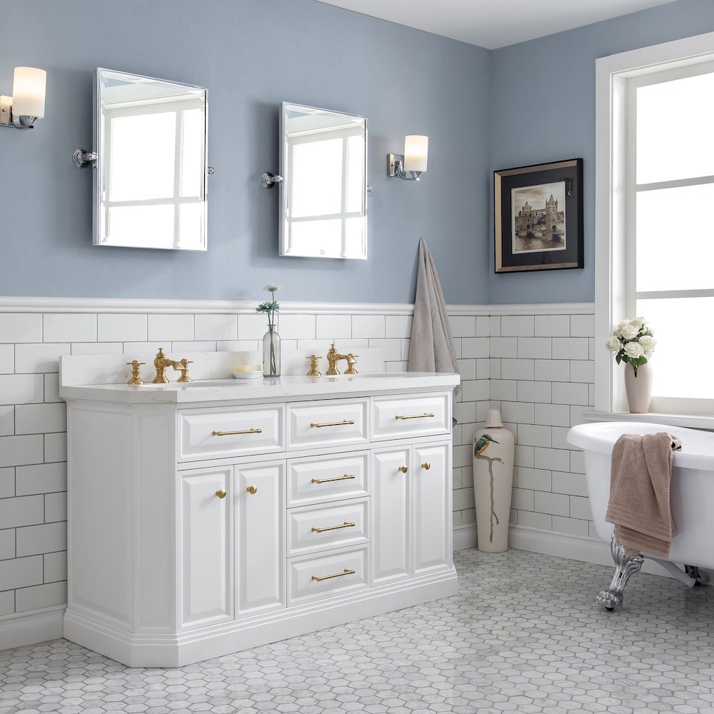 Palace 60 In. Double Sink Carrara Quartz Countertop Bath Vanity in Pure White. Picture 3