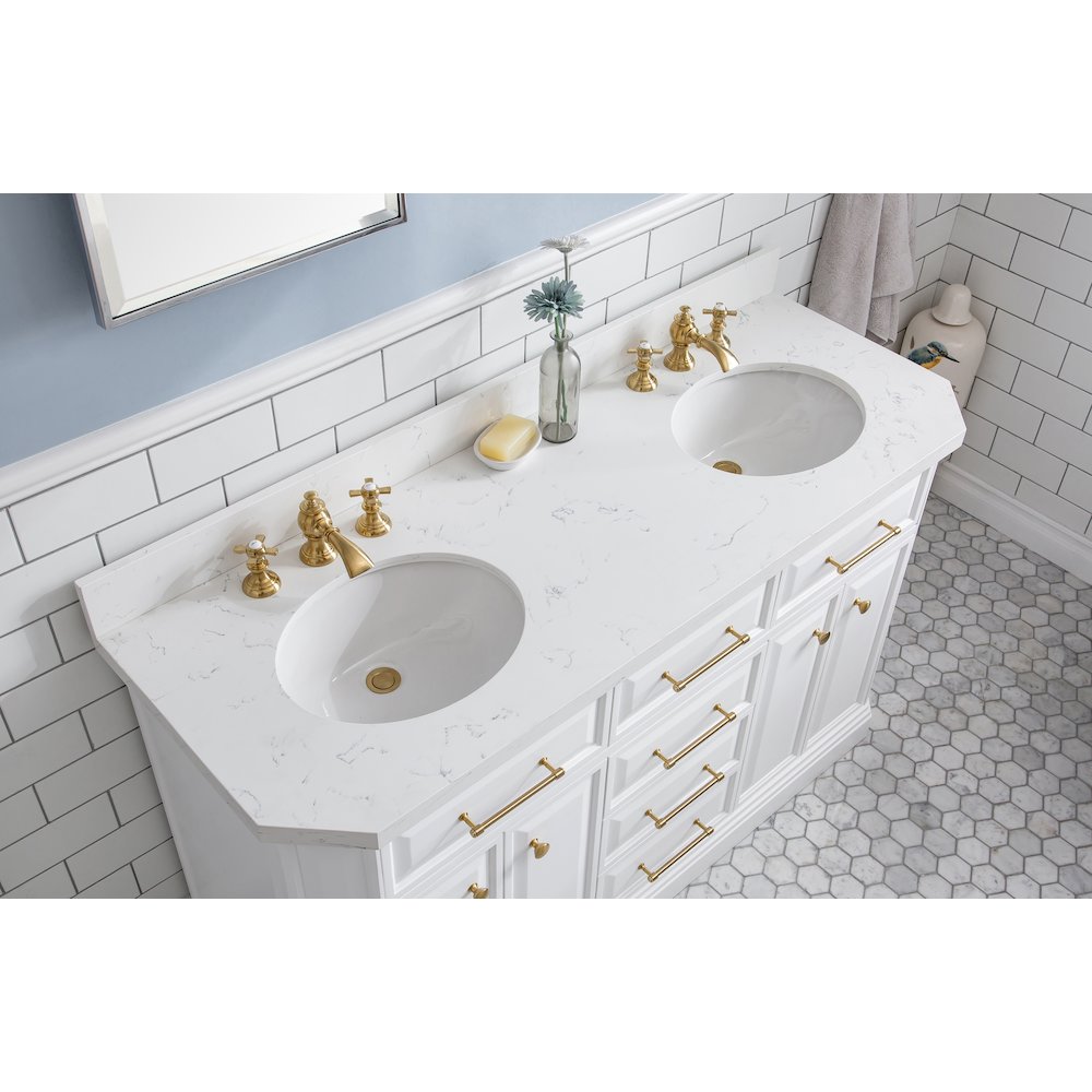 Palace 60 In. Double Sink Carrara Quartz Countertop Bath Vanity in Pure White. Picture 5
