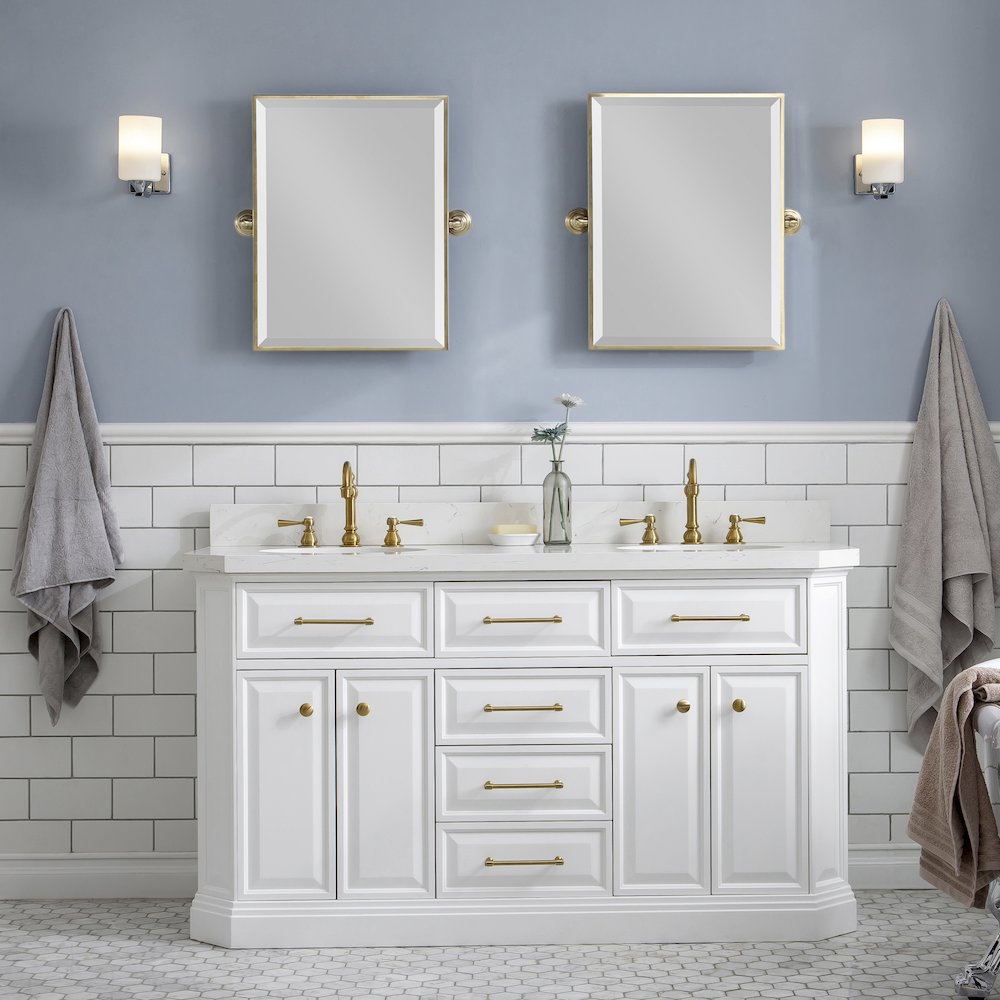 Palace 60 In. Double Sink Carrara Quartz Countertop Bath Vanity in Pure White. Picture 2