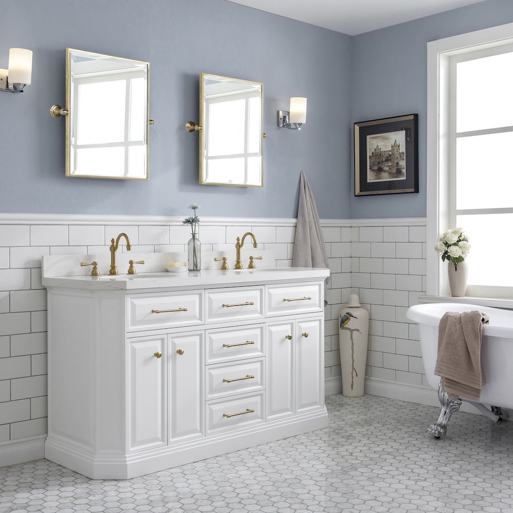 Palace 60 In. Double Sink Carrara Quartz Countertop Bath Vanity in Pure White. Picture 3