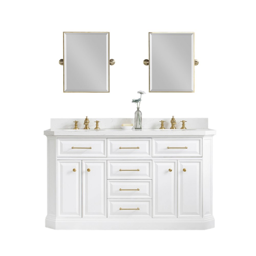 Palace 60 In. Double Sink Carrara Quartz Countertop Bath Vanity in Pure White. Picture 1