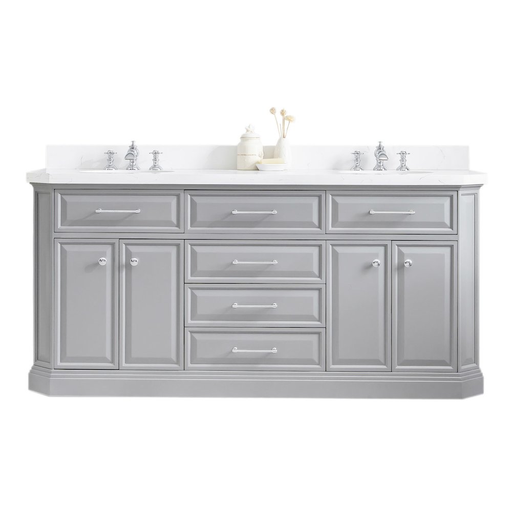 Palace 72 In. Double Sink Carrara Quartz Countertop Bath Vanity in Cashmere Grey. Picture 1