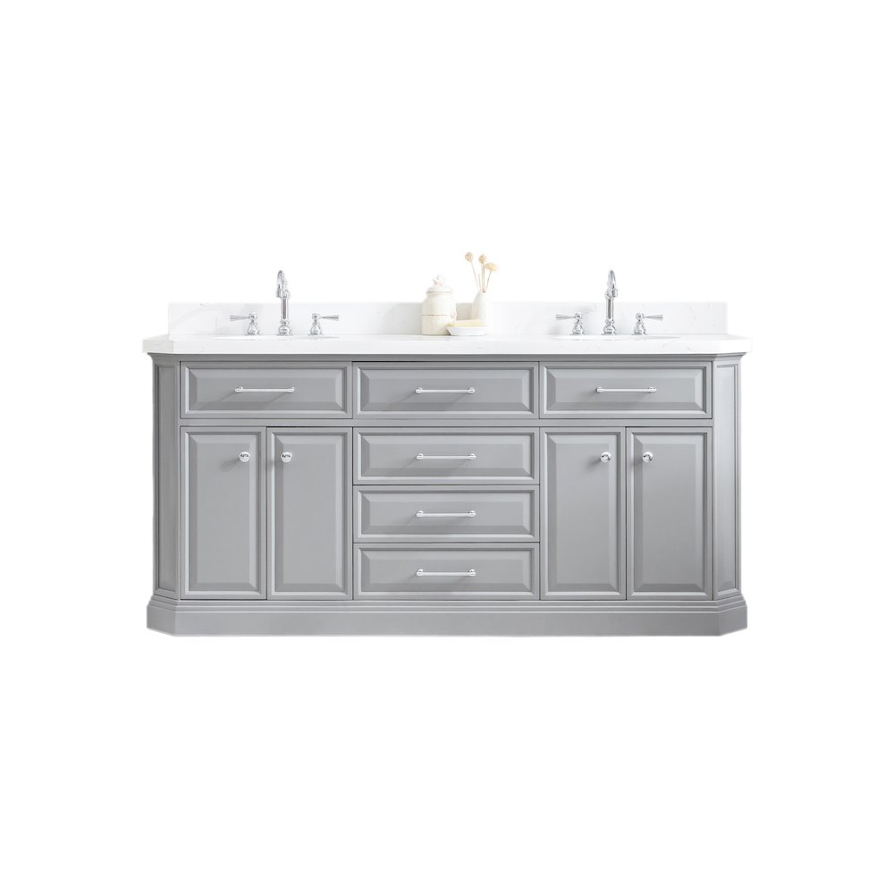 Palace 72 In. Double Sink Carrara Quartz Countertop Bath Vanity in Cashmere Grey. Picture 1