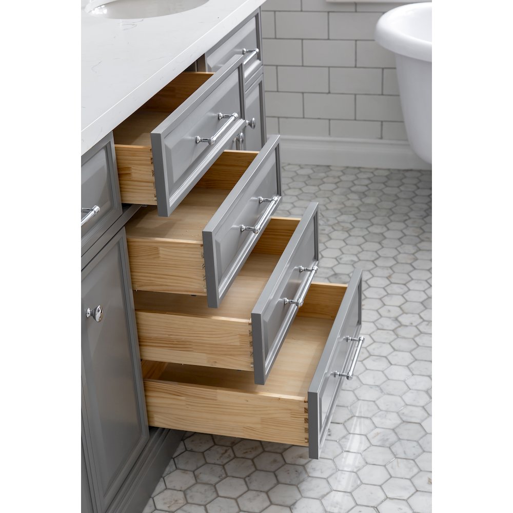 Palace 72 In. Double Sink Carrara Quartz Countertop Bath Vanity in Cashmere Grey. Picture 5