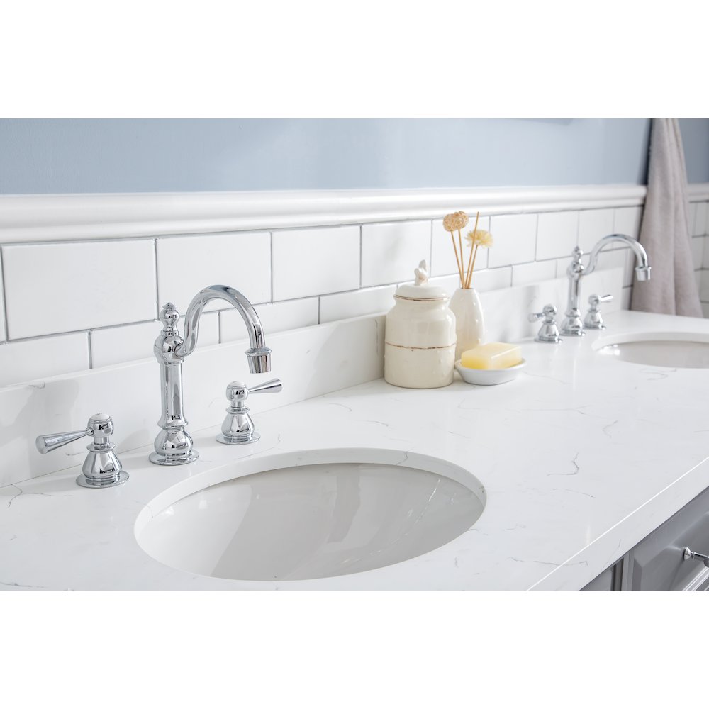 Palace 72 In. Double Sink Carrara Quartz Countertop Bath Vanity in Cashmere Grey. Picture 6