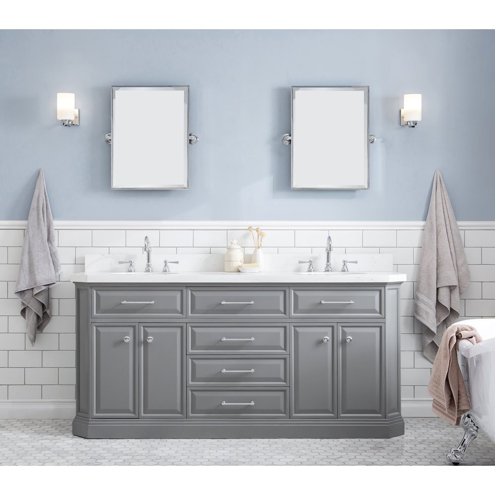Palace 72 In. Double Sink Carrara Quartz Countertop Bath Vanity in Cashmere Grey. Picture 2