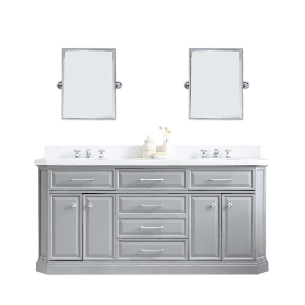 Palace 72 In. Double Sink Carrara Quartz Countertop Bath Vanity in Cashmere Grey. Picture 1