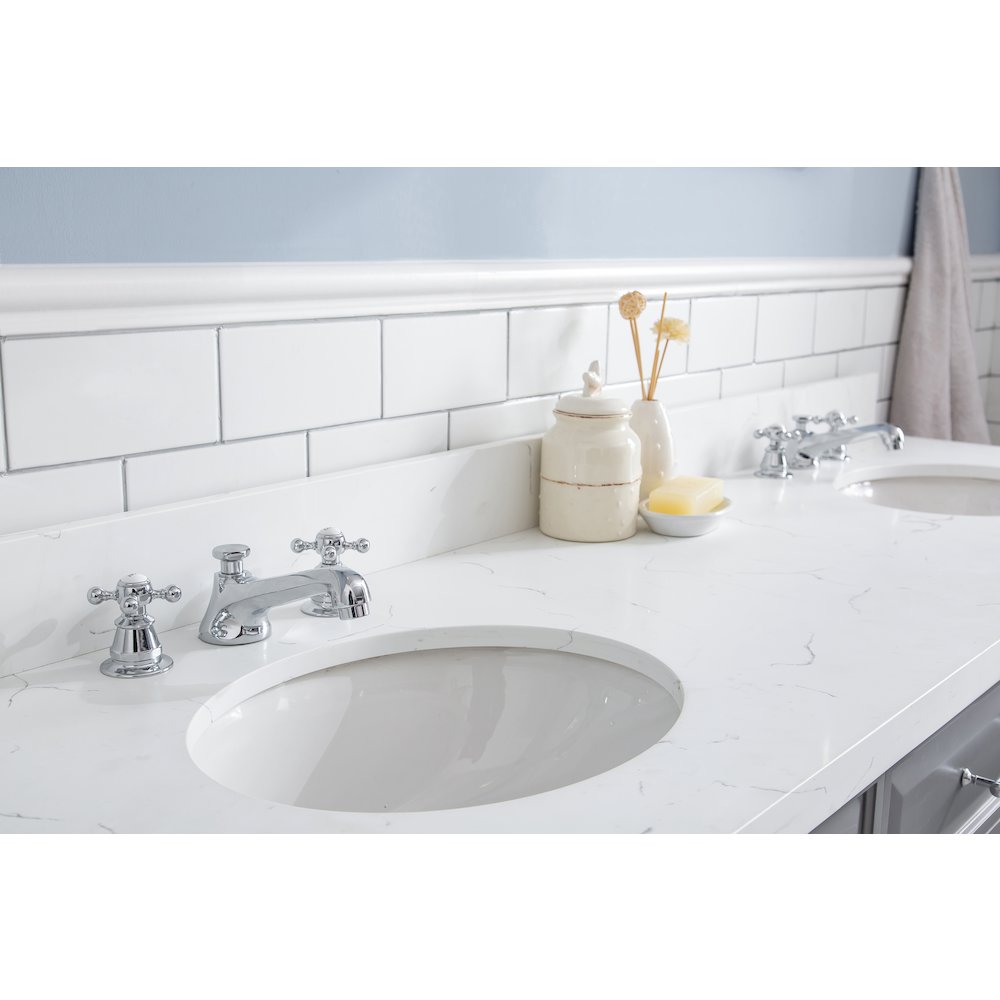 Palace 72 In. Double Sink Carrara Quartz Countertop Bath Vanity in Cashmere Grey. Picture 6