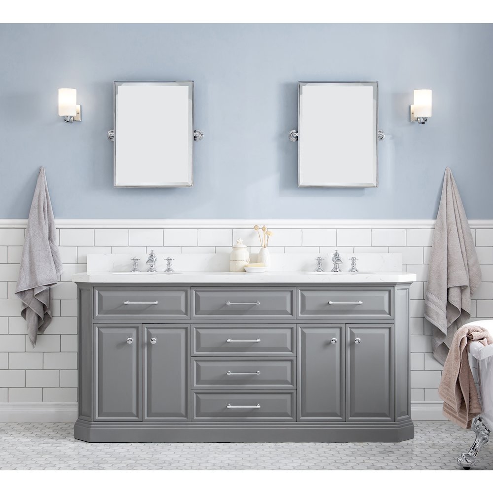 Palace 72 In. Double Sink Carrara Quartz Countertop Bath Vanity in Cashmere Grey. Picture 2