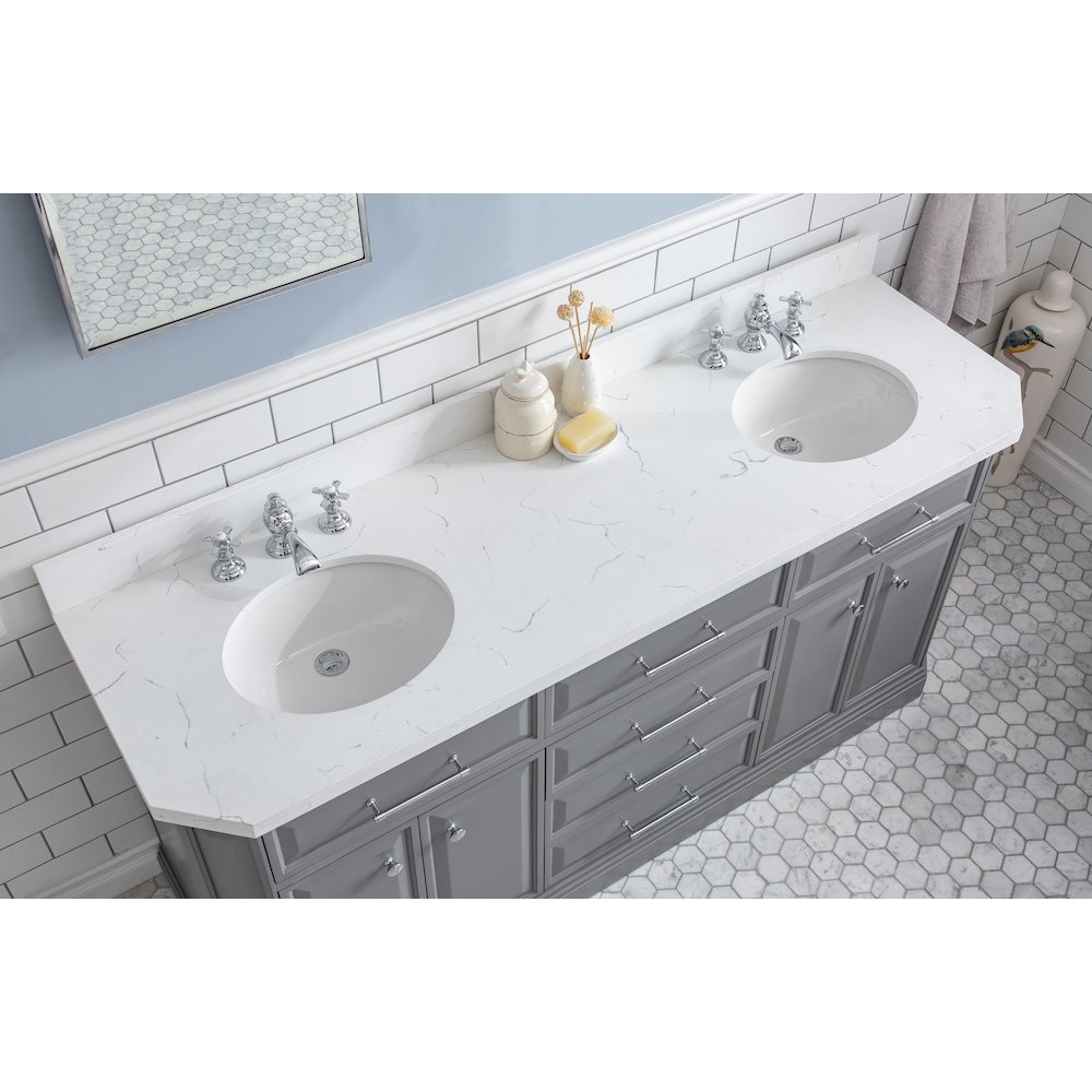 Palace 72 In. Double Sink Carrara Quartz Countertop Bath Vanity in Cashmere Grey. Picture 5