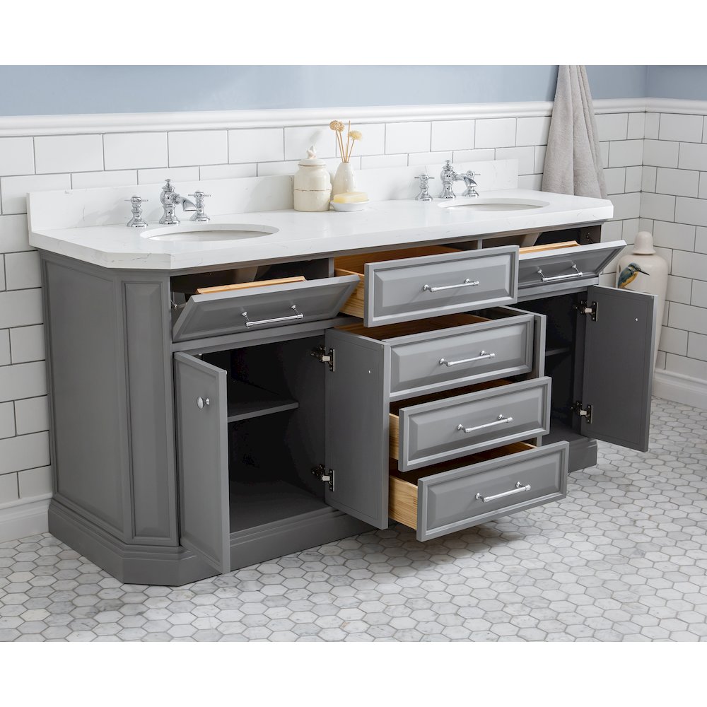 Palace 72 In. Double Sink Carrara Quartz Countertop Bath Vanity in Cashmere Grey. Picture 4