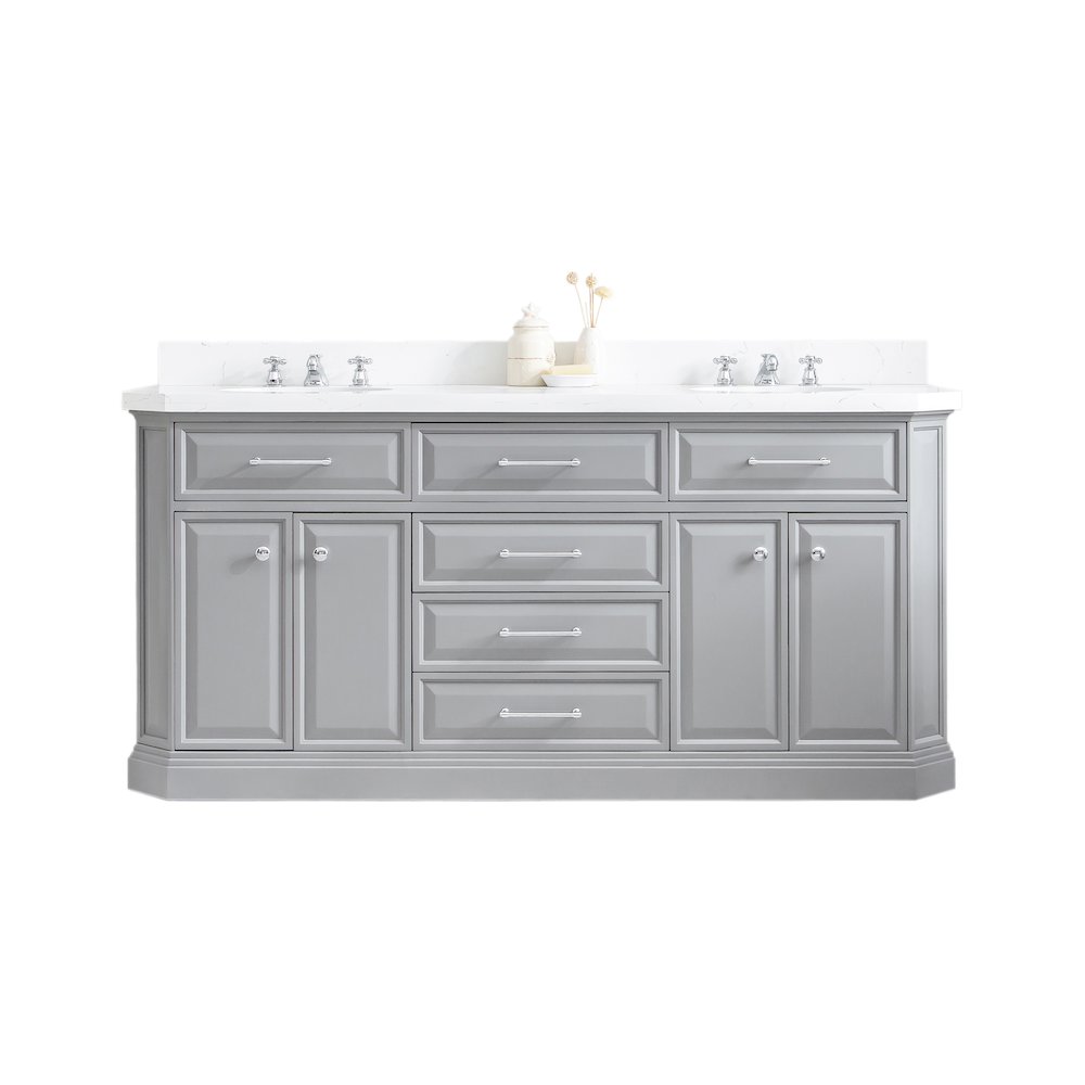Palace 72 In. Double Sink Carrara Quartz Countertop Bath Vanity in Cashmere Grey. Picture 1