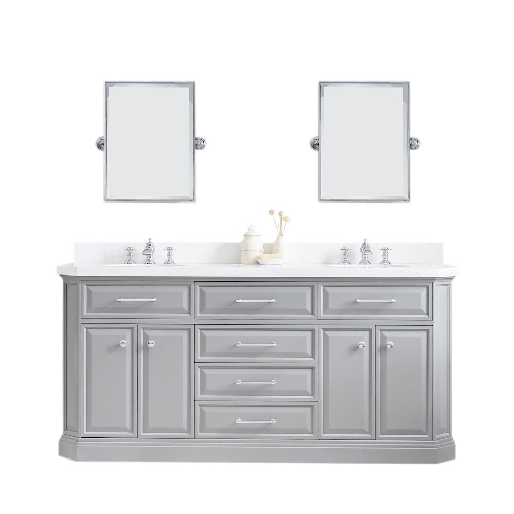 Palace 72 In. Double Sink Carrara Quartz Countertop Bath Vanity in Cashmere Grey. Picture 1