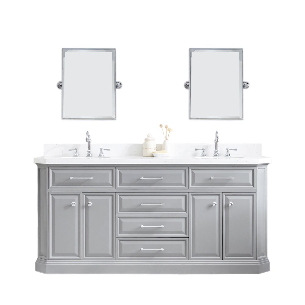 Palace 72 In. Double Sink Carrara Quartz Countertop Bath Vanity in Cashmere Grey. Picture 1