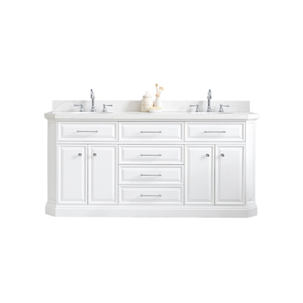 Palace 72 In. Double Sink Carrara Quartz Countertop Bath Vanity in Pure White. Picture 1
