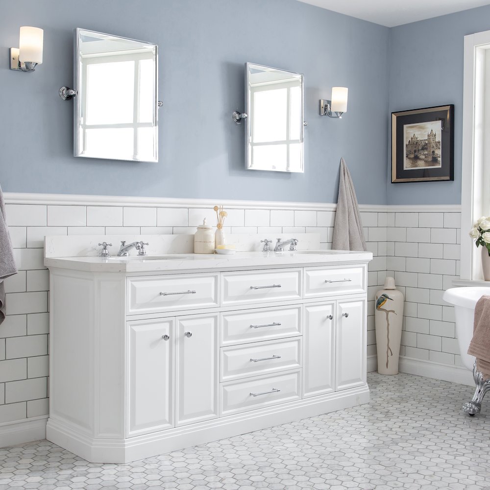 Palace 72 In. Double Sink Carrara Quartz Countertop Bath Vanity in Pure White. Picture 3