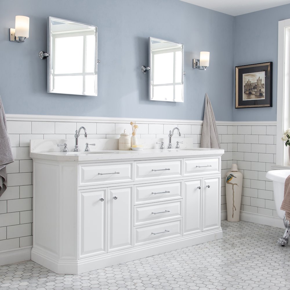 Palace 72 In. Double Sink Carrara Quartz Countertop Bath Vanity in Pure White. Picture 3