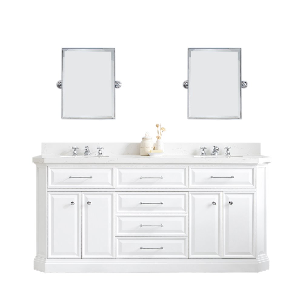Palace 72 In. Double Sink Carrara Quartz Countertop Bath Vanity in Pure White. Picture 1