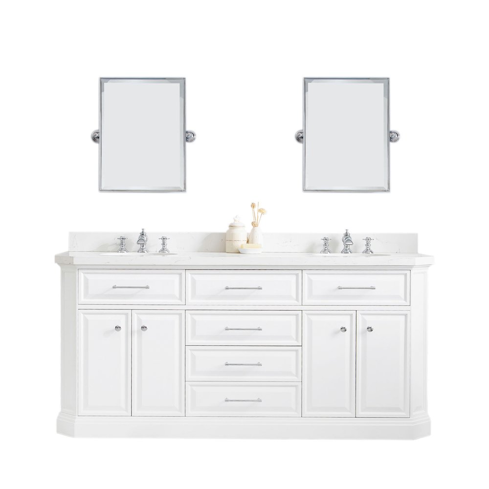 Palace 72 In. Double Sink Carrara Quartz Countertop Bath Vanity in Pure White. Picture 1