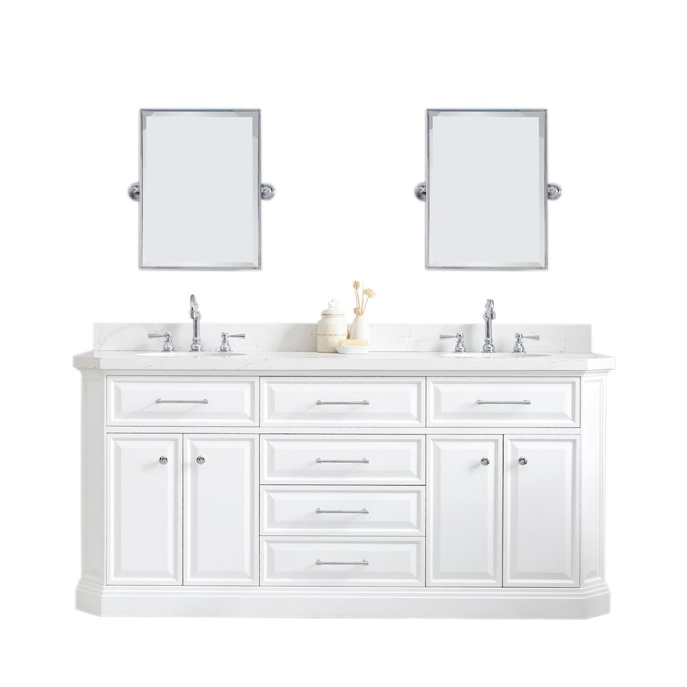 Palace 72 In. Double Sink Carrara Quartz Countertop Bath Vanity in Pure White. Picture 1