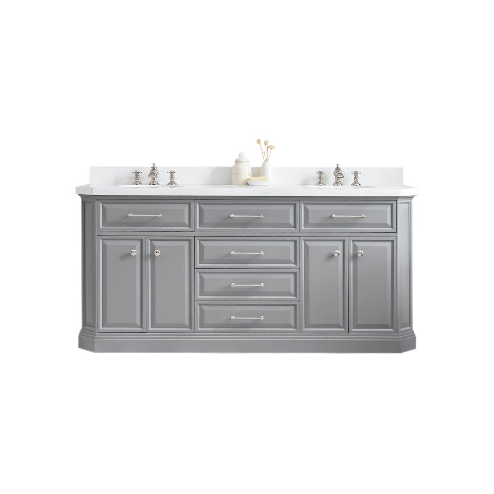 Palace 72 In. Double Sink Carrara Quartz Countertop Bath Vanity in Cashmere Grey. Picture 1