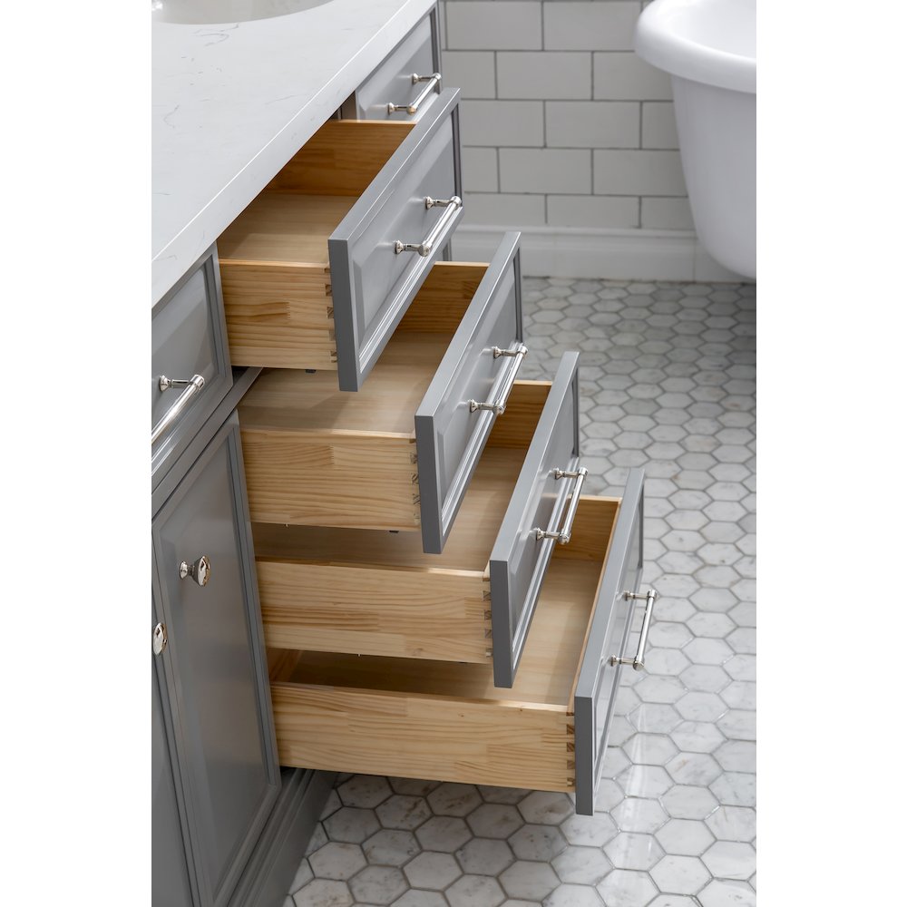 Palace 72 In. Double Sink Carrara Quartz Countertop Bath Vanity in Cashmere Grey. Picture 5