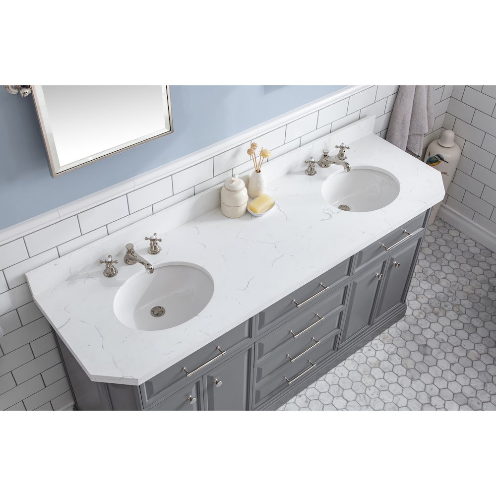 Palace 72 In. Double Sink Carrara Quartz Countertop Bath Vanity in Cashmere Grey. Picture 5