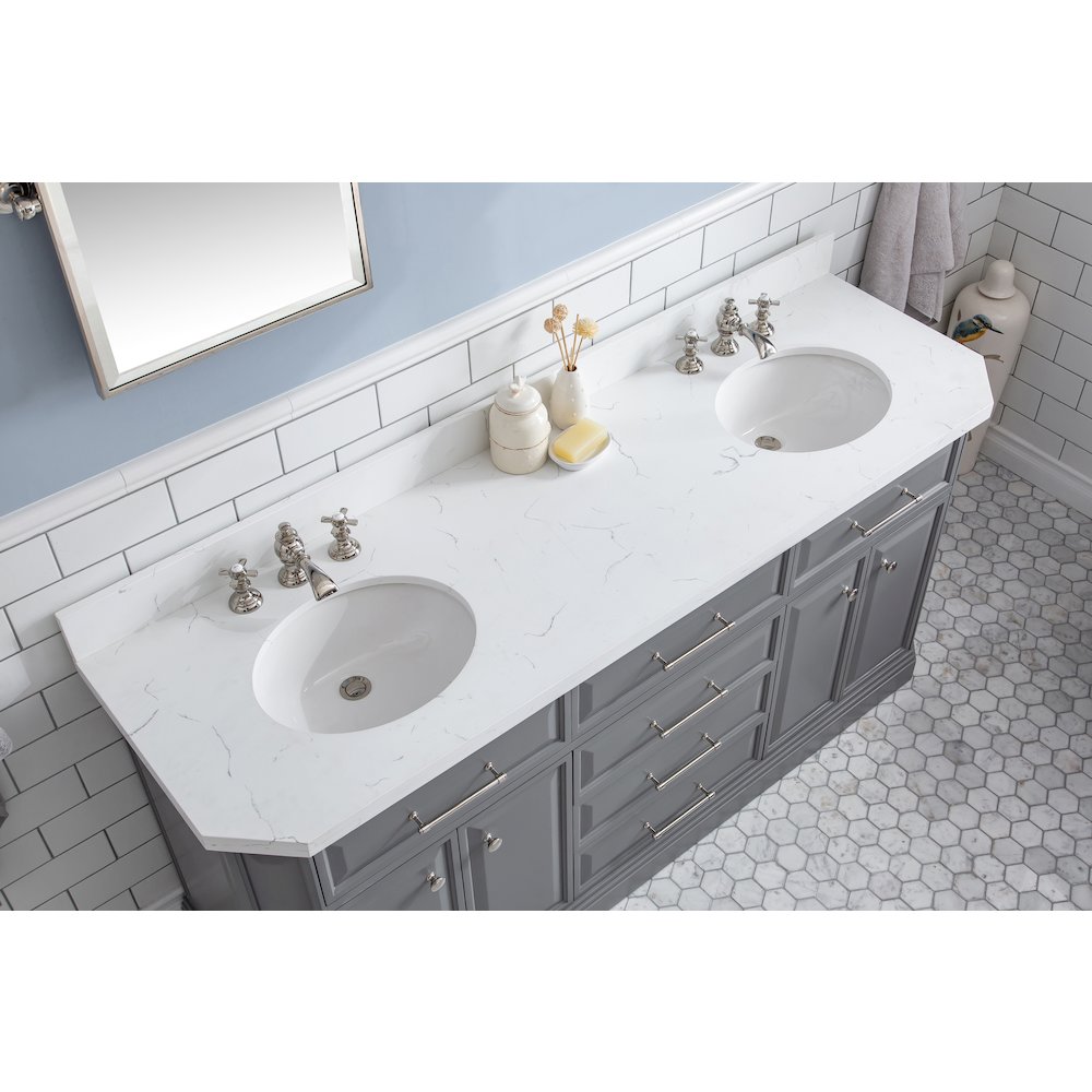 Palace 72 In. Double Sink Carrara Quartz Countertop Bath Vanity in Cashmere Grey. Picture 5