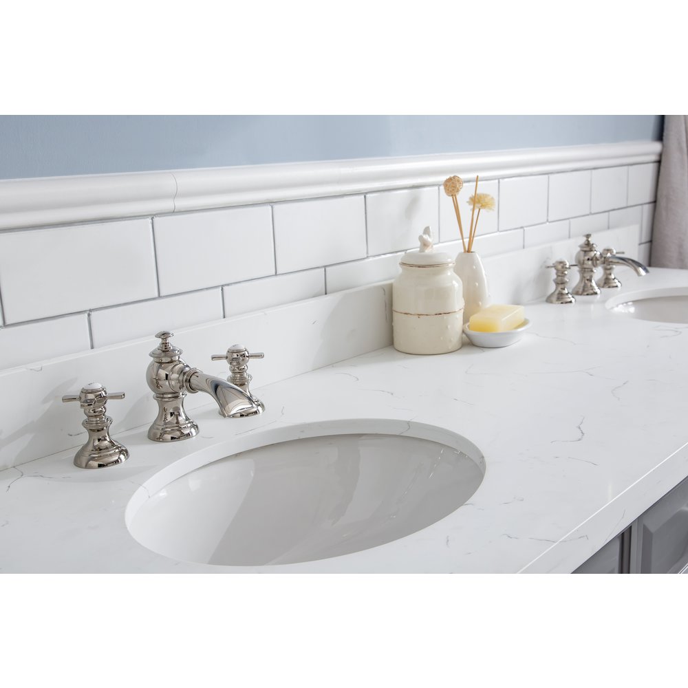 Palace 72 In. Double Sink Carrara Quartz Countertop Bath Vanity in Cashmere Grey. Picture 6
