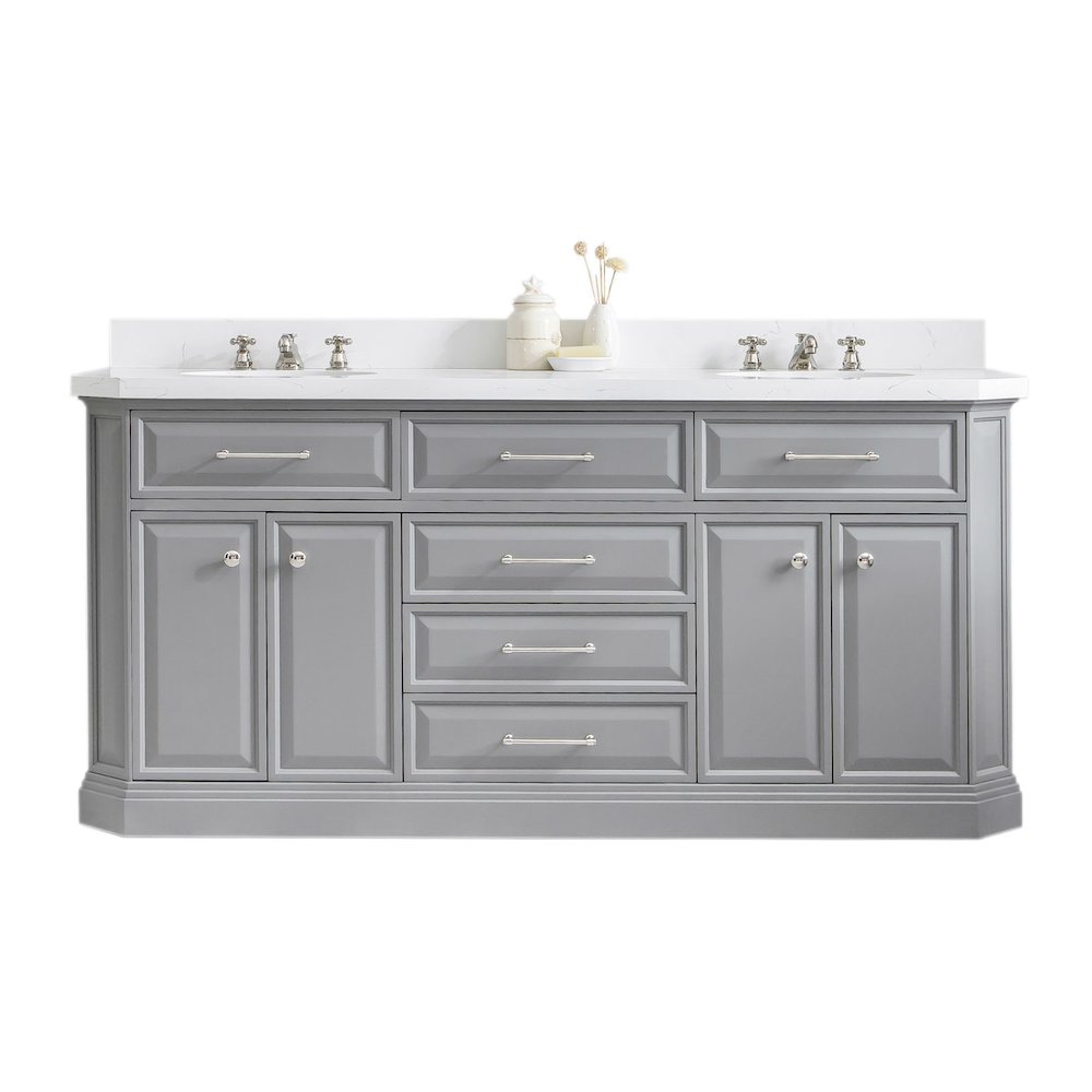 Palace 72 In. Double Sink Carrara Quartz Countertop Bath Vanity in Cashmere Grey. Picture 1