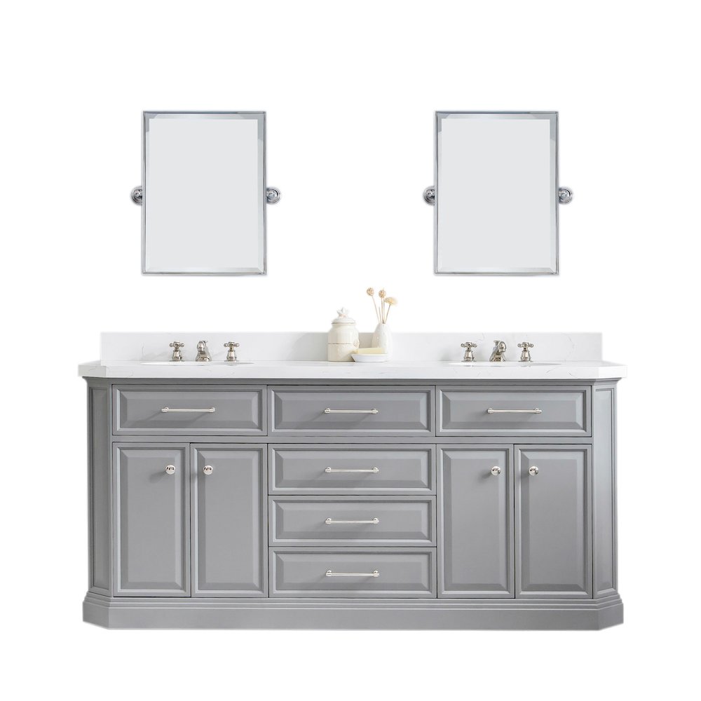 Palace 72 In. Double Sink Carrara Quartz Countertop Bath Vanity in Cashmere Grey. Picture 1
